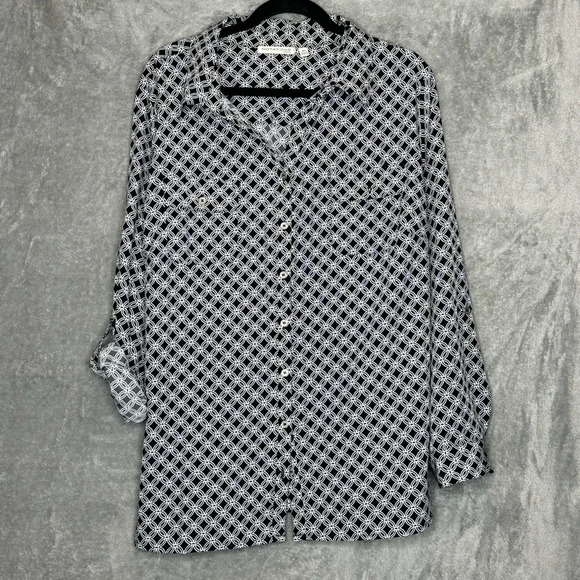 Notations 3X Shirt Top Black Geometric Button Up Tab Long Sleeve V Neck Stretch - Picture 1 of 8
